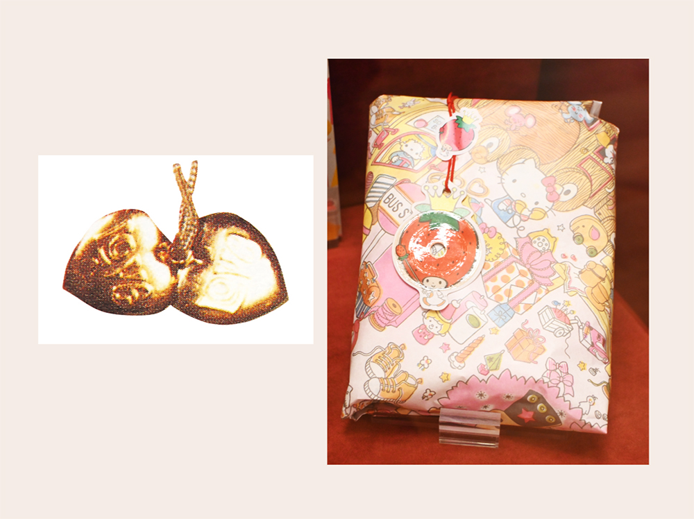 Left: The first free gift with purchase | Right: A free gift with purchase attached to wrapping paper. Introduced in the 1980s, it was designed to look like a mini vinyl record and featured a recorded song.