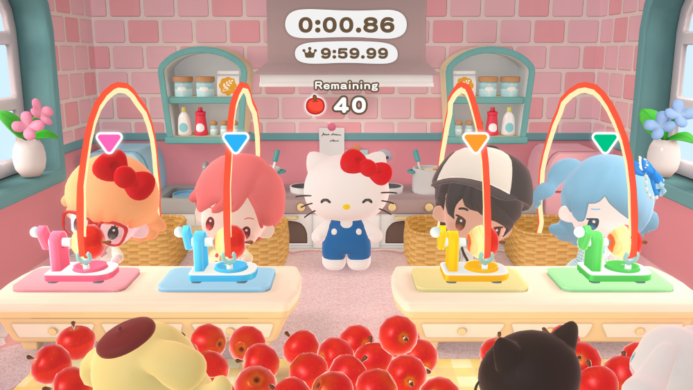 In the Hello Kitty-themed mini-game, players work together to help Hello Kitty make her favorite dessert, apple pie, by peeling apples.