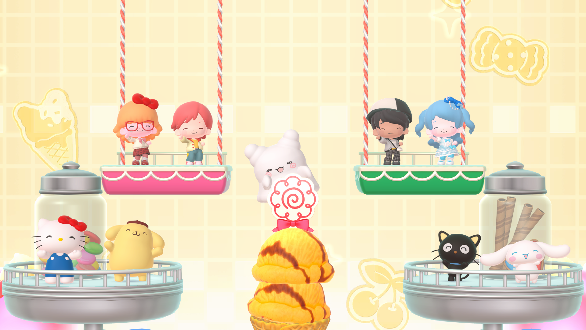 A mini game featuring Hanamaruobake (center), friendly ghosts who quietly support people from the shadows.